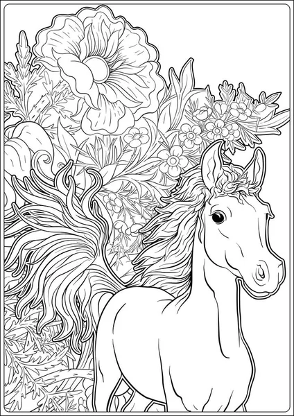 Horse and Flowers. Outline vector illustration. — Stock Vector