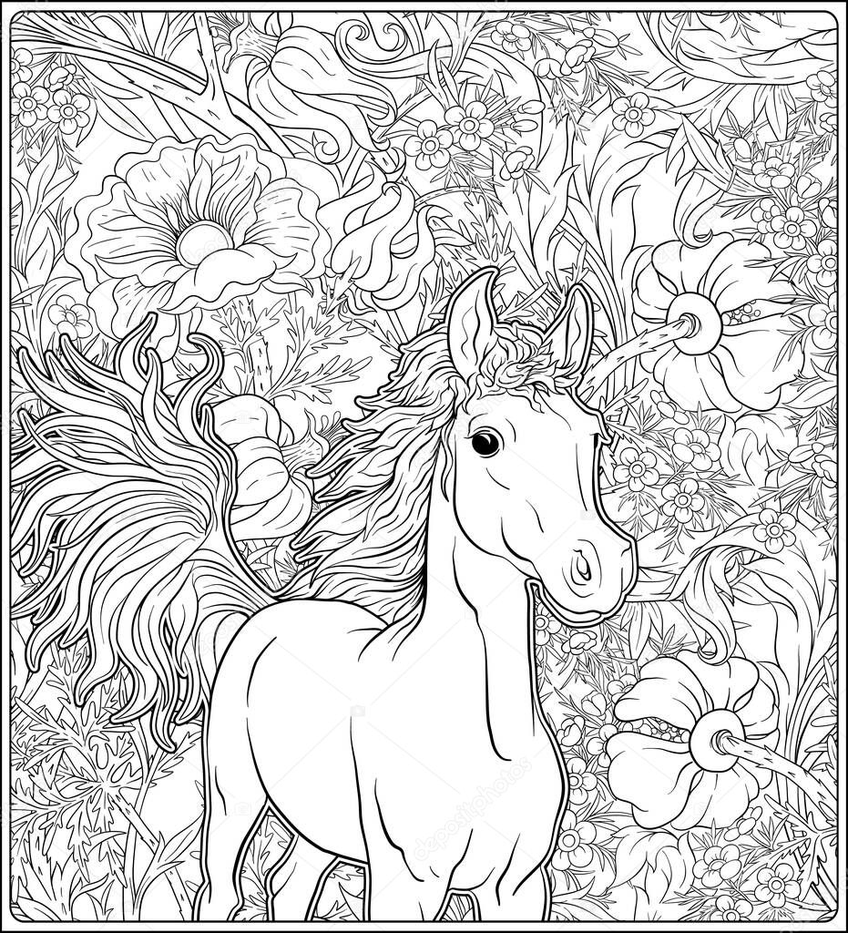 Horse and Flowers. Outline vector illustration.