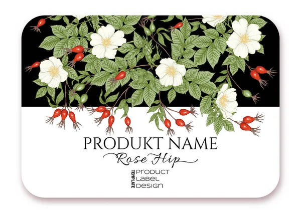 Hanches roses avec des fleurs et des baies. Modèle d'étiquette de produit, emballage cosmétique. — Image vectorielle