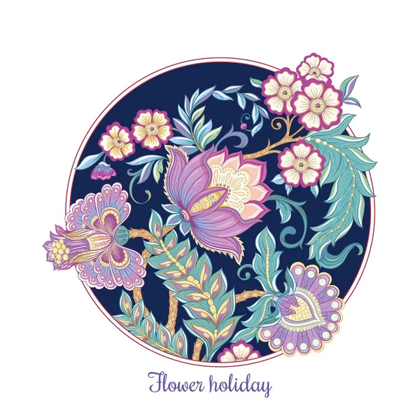 Flores de fantasía en estilo retro, vintage, bordado jacobeo — Vector de stock