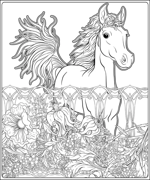 Άλογο και λουλούδια. Εικονογράφηση διανύσματος περίγραμμα. — Διανυσματικό Αρχείο