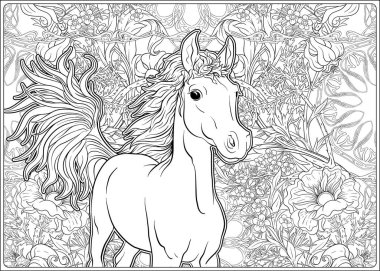 At ve Çiçekler. Taslak vektör illüstrasyonu.