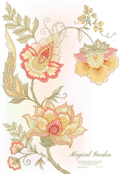 Fantasy flowers in retro, vintage, jacobean embroidery style. — Stock Vector