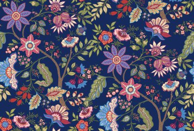 Fantezi çiçekleri retro, vintage, jacobean nakış tarzı.