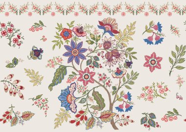 Fantasy flowers in retro, vintage, jacobean embroidery style. clipart