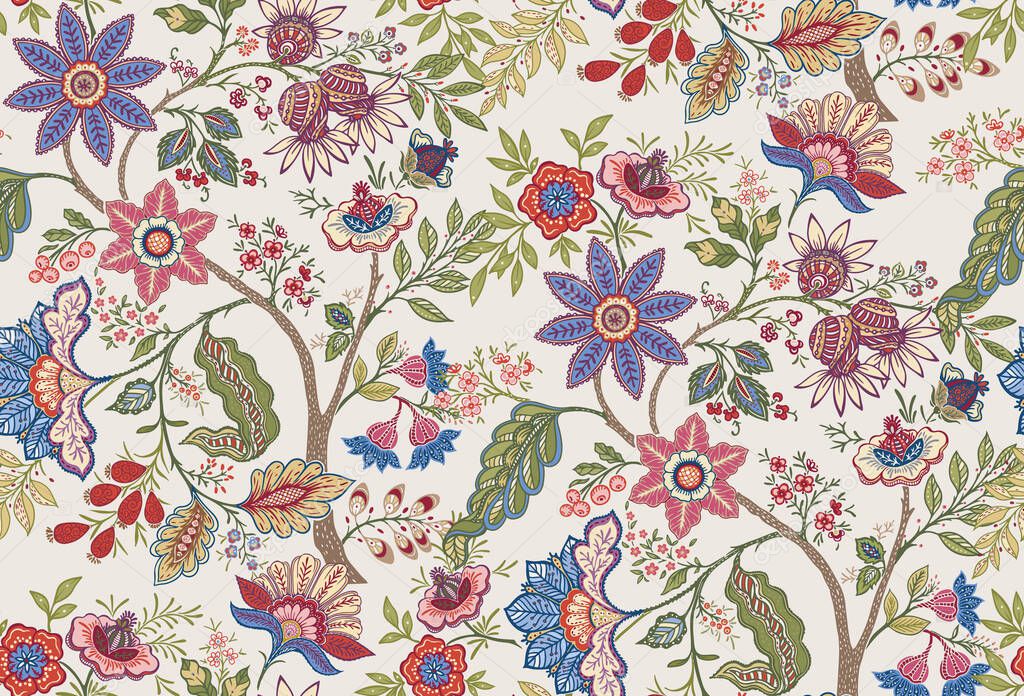 Fantasy flowers in retro, vintage, jacobean embroidery style.