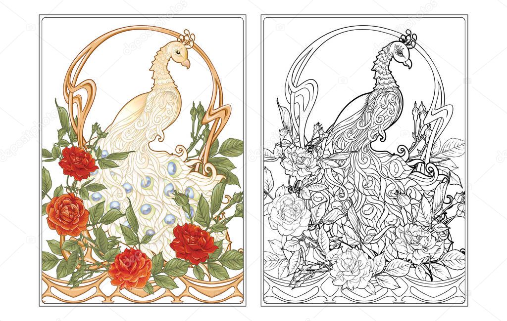 Poster with peacock and roses in art nouveau style
