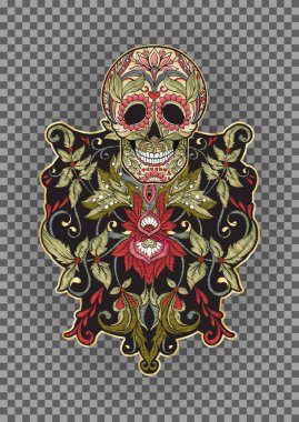 Yama, nakış taklidi. İnsan kafatasıyla dekoratif çiçek motifi