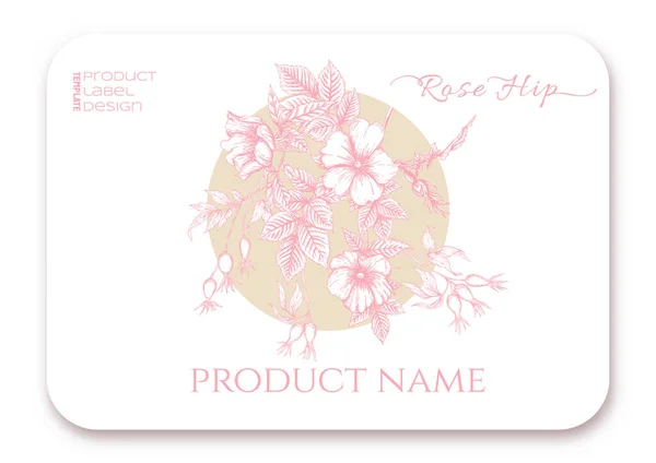 Růžové boky s květinami a bobulemi. Šablona štítku výrobku, kosmetické obaly. — Stockový vektor