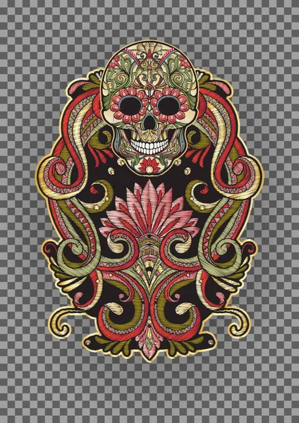 Yama, nakış taklidi. İnsan kafatasıyla dekoratif çiçek motifi — Stok Vektör