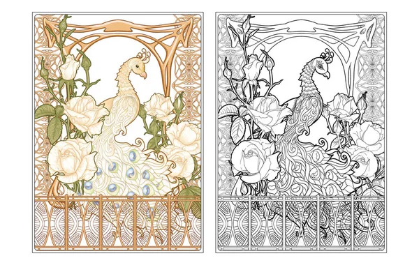 Cartaz com pavão e rosas em estilo art nouveau —  Vetores de Stock