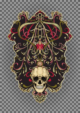 Yama, nakış taklidi. İnsan kafatasıyla dekoratif çiçek motifi