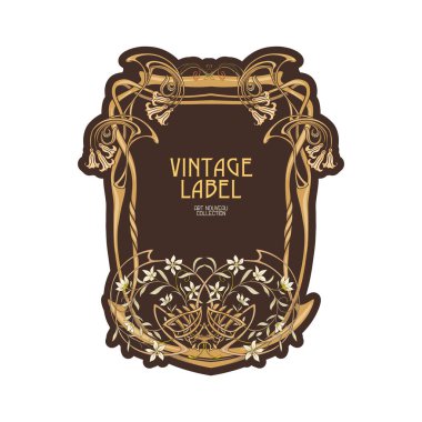 Dekoratif çiçekler ve yapraklar sanat tarzında yeni moda, eski, eski moda. Sınır, çerçeve, ürün etiketi şablonu, kozmetik ambalaj. Düzenlemesi kolay. Vektör illüstrasyonu.