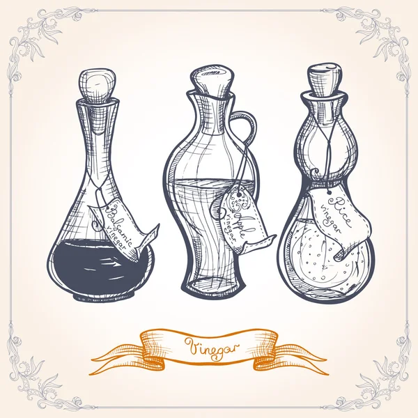 Bouteilles de vinaigre vintage en verre — Image vectorielle