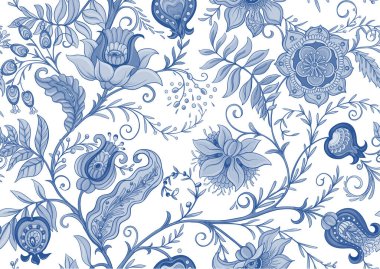Botanik Çiçeksiz Süs. Süslü bahçe çiçekleri, yaprakları ve tekstil duvar kâğıdı için karmaşık dekoratif girdaplarla eski el çizimleri. Klasik zarif motif tasarımı.