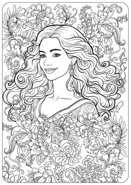 Uzun saçlı, sanat eseri stili çizilmiş kadın portreleri. Vektör çizgisi resim boyama sayfası, yetişkinler ve çocuklar için siyah beyaz monokrom resimleme