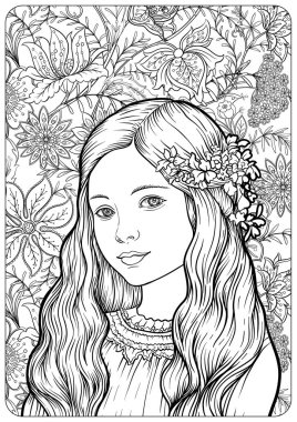 Uzun saçlı, sanat eseri stili çizilmiş kadın portreleri. Vektör çizgisi resim boyama sayfası, yetişkinler ve çocuklar için siyah beyaz monokrom resimleme