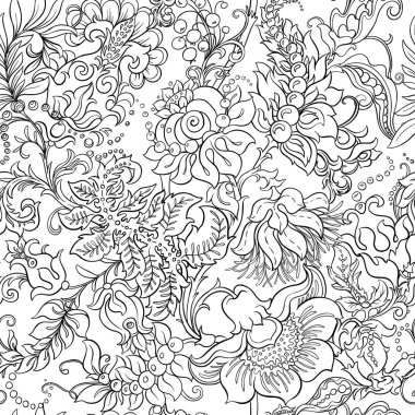 Botanik Çiçeksiz Süs. Süslü bahçe çiçekleri, yaprakları ve tekstil duvar kâğıdı için karmaşık dekoratif girdaplarla eski el çizimleri. Klasik zarif motif tasarımı.