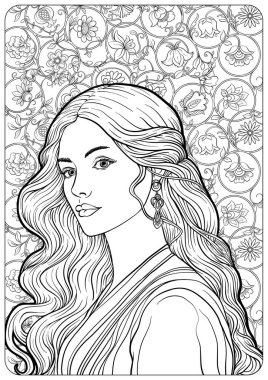Romantic hand drawn portraits of women with long hair, art nouveau stile. Vector line art coloring page, black and white monochrome illustration for adult and kids coloring