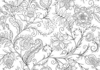 Botanik Çiçeksiz Süs. Süslü bahçe çiçekleri, yaprakları ve tekstil duvar kâğıdı için karmaşık dekoratif girdaplarla eski el çizimleri. Klasik zarif motif tasarımı.