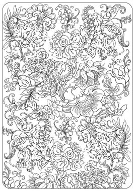 Çiçek boyama sayfaları desenli motifler, çiçek açan çiçekler, yapraklar, bukleler ve tomurcuklar. Elle çizilmiş vektör çizgisi sanatı, yetişkin ve çocukları boyamak için siyah ve beyaz monokrom çizimi.