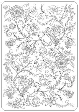 Çiçek boyama sayfaları desenli motifler, çiçek açan çiçekler, yapraklar, bukleler ve tomurcuklar. Elle çizilmiş vektör çizgisi sanatı, yetişkin ve çocukları boyamak için siyah ve beyaz monokrom çizimi.
