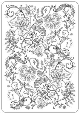 Çiçek boyama sayfaları desenli motifler, çiçek açan çiçekler, yapraklar, bukleler ve tomurcuklar. Elle çizilmiş vektör çizgisi sanatı, yetişkin ve çocukları boyamak için siyah ve beyaz monokrom çizimi.