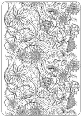 Çiçek boyama sayfaları desenli motifler, çiçek açan çiçekler, yapraklar, bukleler ve tomurcuklar. Elle çizilmiş vektör çizgisi sanatı, yetişkin ve çocukları boyamak için siyah ve beyaz monokrom çizimi.