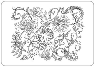 Çiçek boyama sayfaları desenli motifler, çiçek açan çiçekler, yapraklar, bukleler ve tomurcuklar. Elle çizilmiş vektör çizgisi sanatı, yetişkin ve çocukları boyamak için siyah ve beyaz monokrom çizimi.