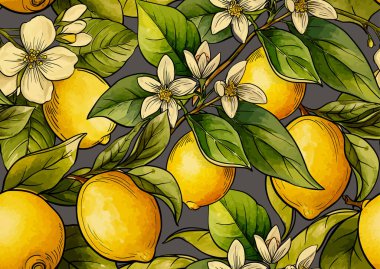 Limonlar ve çiçekler pürüzsüz desenler. Turunçgil, dallar, yapraklar, klasik tekstil için çiçekler, duvar kağıdı, mutfak ve mutfak temalı dekoratif botanik tasarımı.