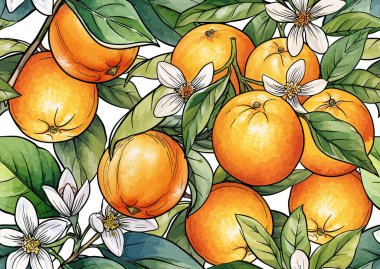 Portakallar ve turunçgiller kusursuz botanik desenler oluşturuyor. Klasik tekstil, duvar kağıdı, mutfak ve gıda tasarımı için el yapımı meyve, dal, yaprak ve doğal çiçekler. Klasik motif.
