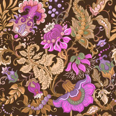 Botanik Çiçeksiz Süs. Süslü bahçe çiçekleri, yaprakları ve tekstil duvar kâğıdı için karmaşık dekoratif girdaplarla eski el çizimleri. Klasik zarif motif tasarımı.