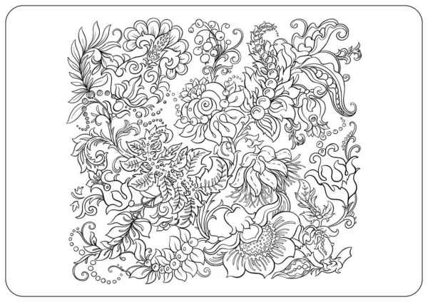 Çiçek boyama sayfaları desenli motifler, çiçek açan çiçekler, yapraklar, bukleler ve tomurcuklar. Elle çizilmiş vektör çizgisi sanatı, yetişkin ve çocukları boyamak için siyah ve beyaz monokrom çizimi.