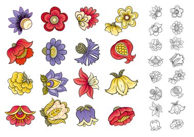 Klasik çiçek elementleri seti. Klasik tasarım için el yapımı botanik motifler. Çiçekler, yapraklar, kökler tekstil, duvar kâğıdı ve miras projeleri için rafine bir zemin oluşturur..