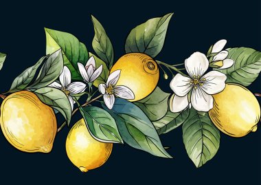 Limonlar ve çiçekler pürüzsüz desenler. Turunçgil, dallar, yapraklar, klasik tekstil için çiçekler, duvar kağıdı, mutfak ve mutfak temalı dekoratif botanik tasarımı.