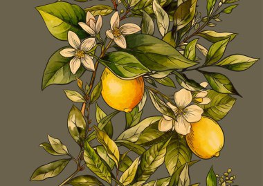 Limonlar ve çay botanik desenleri. El yapımı narenciye, çay yaprakları, çiçekler ve klasik tarzda dallar. Tekstil, duvar kağıdı, yiyecek, içecek ve mutfak projeleri için doğal, organik motif.
