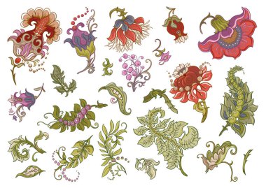 Klasik çiçek elementleri seti. Klasik tasarım için el yapımı botanik motifler. Çiçekler, yapraklar, kökler tekstil, duvar kâğıdı ve miras projeleri için rafine bir zemin oluşturur..