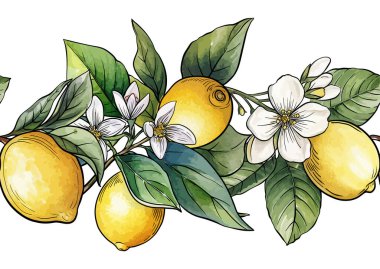 Limonlar ve çiçekler pürüzsüz desenler. Turunçgil, dallar, yapraklar, klasik tekstil için çiçekler, duvar kağıdı, mutfak ve mutfak temalı dekoratif botanik tasarımı.