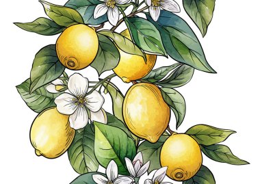 Limonlar ve çiçekler pürüzsüz desenler. Turunçgil, dallar, yapraklar, klasik tekstil için çiçekler, duvar kağıdı, mutfak ve mutfak temalı dekoratif botanik tasarımı.