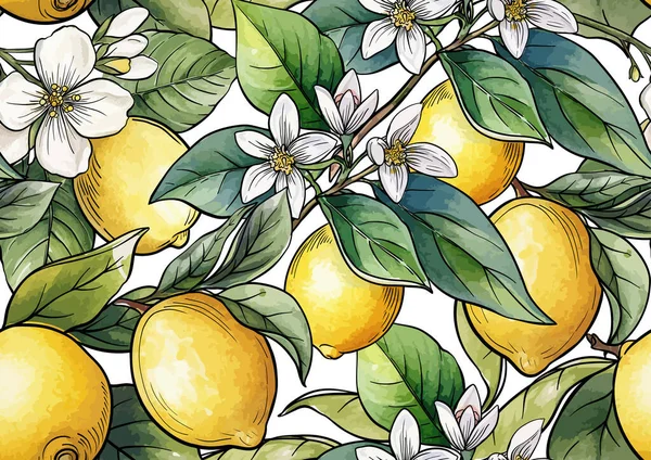 Limonlar ve çiçekler pürüzsüz desenler. Turunçgil, dallar, yapraklar, klasik tekstil için çiçekler, duvar kağıdı, mutfak ve mutfak temalı dekoratif botanik tasarımı.