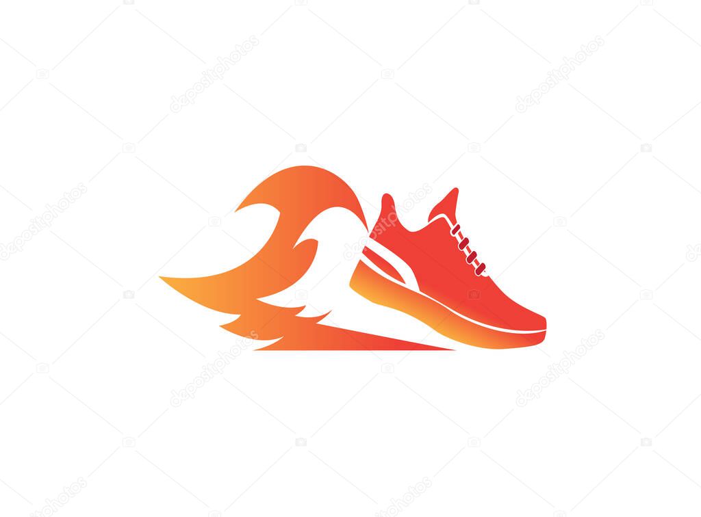 Fire running shoe in flames symbol on white backdrop logo