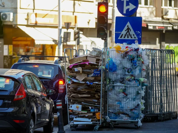 Bucharest Romania August 2020 Stands Full Recyclable Packaging Supermarket Sidewalk — Stock Photo, Image