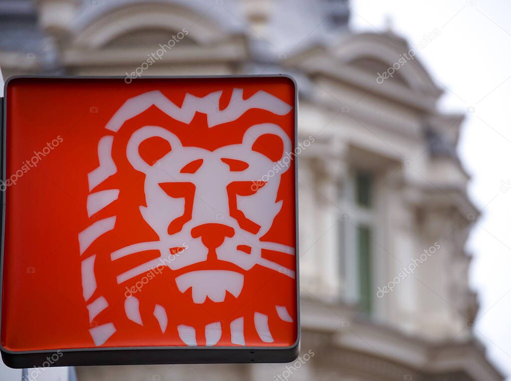 Bucharest, Romania - February 03, 2021: A logo of ING Bank, Dutch multinational banking and financial services corporation, is displayed above a bank office, in Bucharest, Romania.