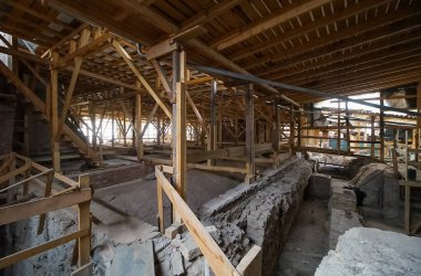 Bucharest, Romania - June 18, 2021: The 14th century Old Princely Court, which is consolidated and restored by the Municipal Consolidation Company, is open to the public to see the status of the works