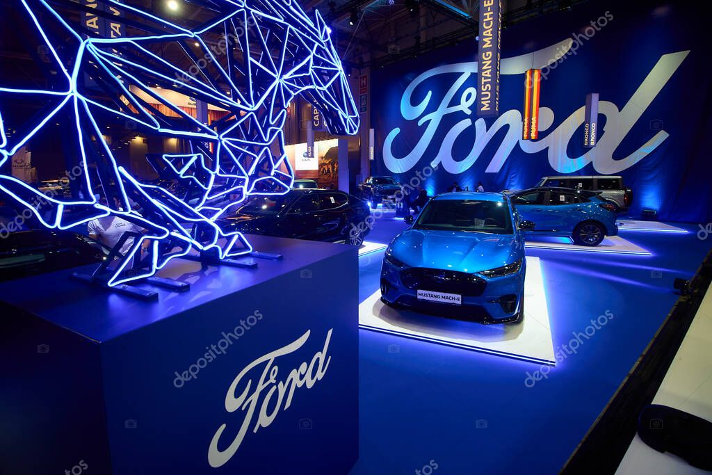 Bucharest, Romania. 7th Oct, 2025: A blue Ford Mustang Mach-E electric SUV is on display at the Ford stand during the Bucharest Auto Show and Accessories 2025.