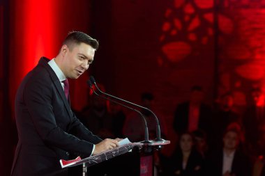 Bucharest, Romania. 19th Nov, 2025: Andrei Trocan, deputy mayor of Sector 4, speaks during the launch of the candidacy of Daniel Baluta, mayor of Sector 4, for general mayor of Bucharest.