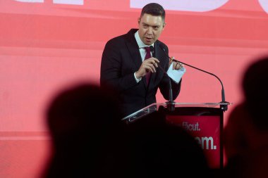 Bucharest, Romania. 19th Nov, 2025: Andrei Trocan, deputy mayor of Sector 4, speaks during the launch of the candidacy of Daniel Baluta, mayor of Sector 4, for general mayor of Bucharest.