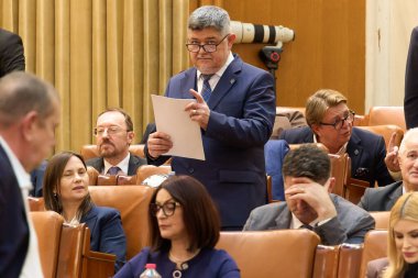 Bükreş, Romanya. 8 Aralık 2025: Senatör Ninel Peia, PACE - Romanya Birinci Grubu ve Romanya Birliği için İttifak (AUR) tarafından hazırlanan Bolojan hükümet aleyhindeki gensoru önergesinin metnini okumaya hazırlanıyor.