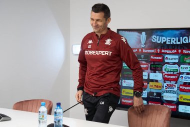 Bucharest, Romania. 16th Jan, 2026: Constantin Galca, head coach of Fotbal Club Rapid Bucharest, holds a pre-match press conference ahead of the 22nd round game of the current season, FC Rapid vs Metaloglobus, at Superbet Arena-Giulesti