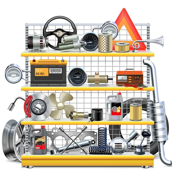 Vektör süpermarket raflarında araba yedek parça ile